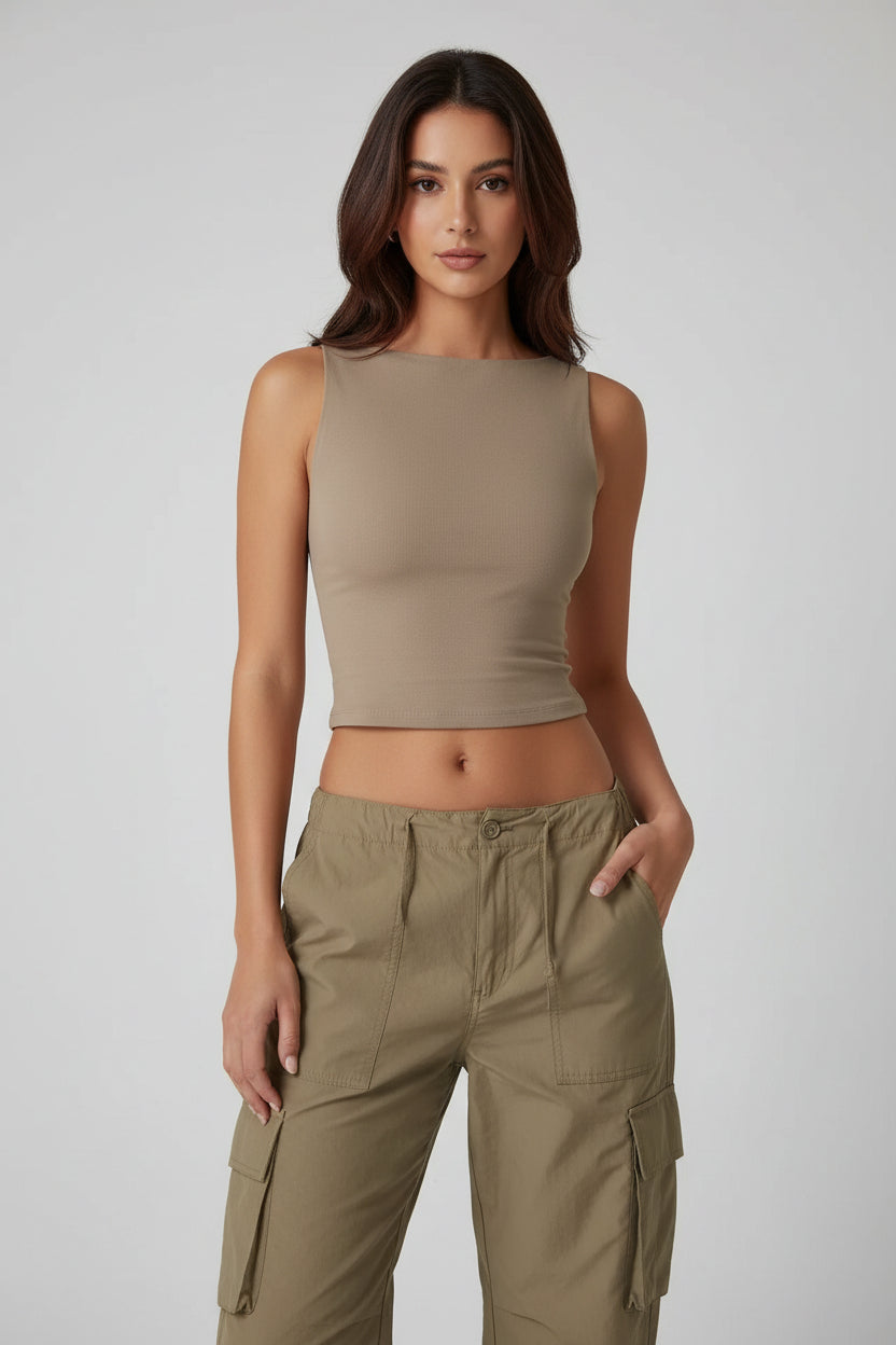 Summer Sleeveless Tight Bottomed Crop Tops Women Solid Color round Neck Backless Vest Female Sexy Slim Fit Soft Tank Top
