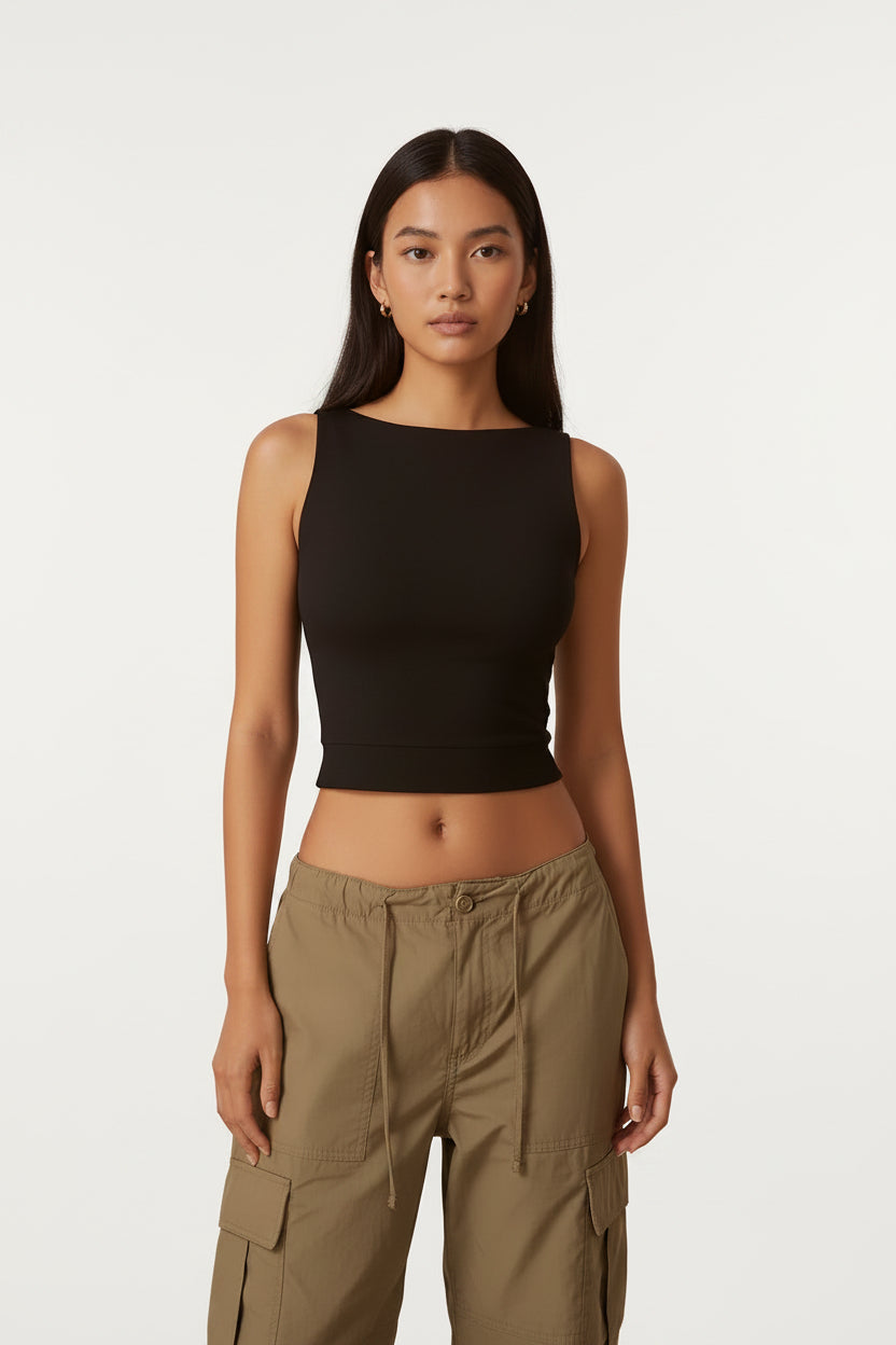 Summer Sleeveless Tight Bottomed Crop Tops Women Solid Color round Neck Backless Vest Female Sexy Slim Fit Soft Tank Top