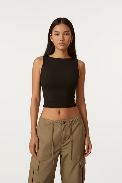 Summer Sleeveless Tight Bottomed Crop Tops Women Solid Color round Neck Backless Vest Female Sexy Slim Fit Soft Tank Top