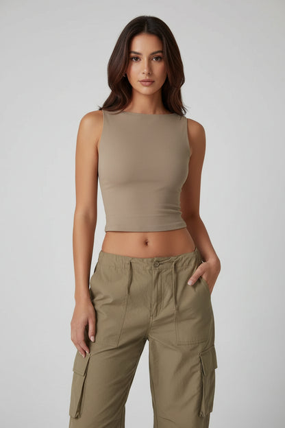 Summer Sleeveless Tight Bottomed Crop Tops Women Solid Color round Neck Backless Vest Female Sexy Slim Fit Soft Tank Top
