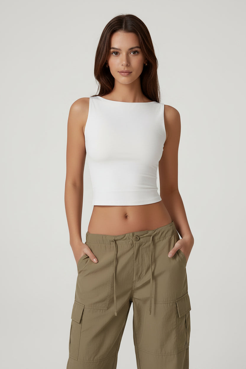 Summer Sleeveless Tight Bottomed Crop Tops Women Solid Color round Neck Backless Vest Female Sexy Slim Fit Soft Tank Top
