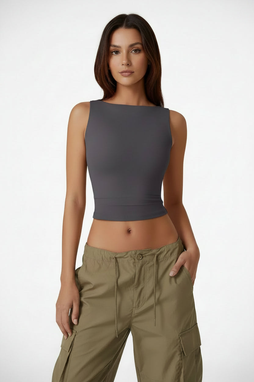 Summer Sleeveless Tight Bottomed Crop Tops Women Solid Color round Neck Backless Vest Female Sexy Slim Fit Soft Tank Top
