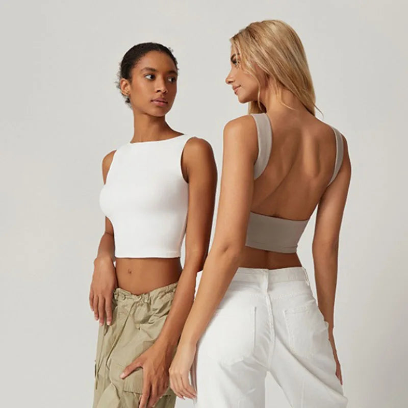 Summer Sleeveless Tight Bottomed Crop Tops Women Solid Color round Neck Backless Vest Female Sexy Slim Fit Soft Tank Top